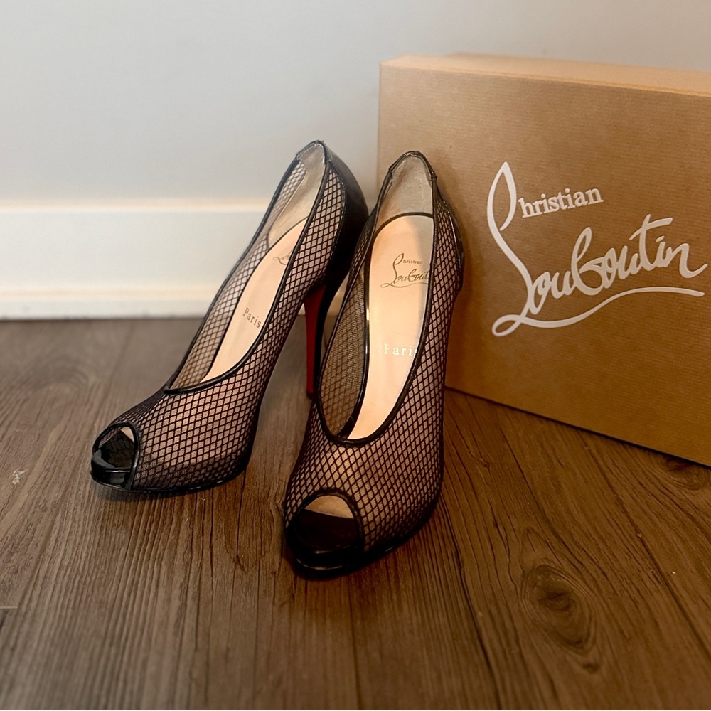 Christian Louboutin Black Fishnet Peep Toe Heels | Size 38 | Red Sole